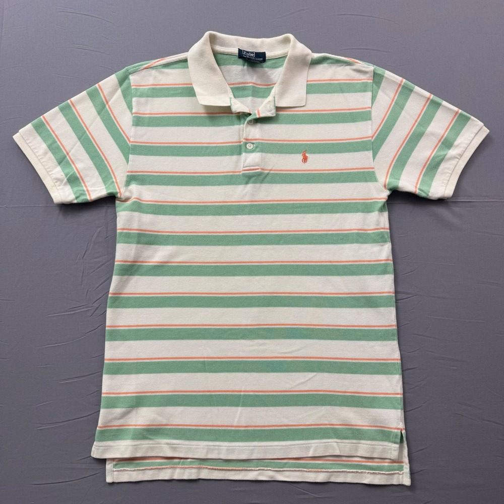 Polo Ralph Lauren Boys XL 20 Green Orange Striped Pique Polo Shirt Short Sleeve‎